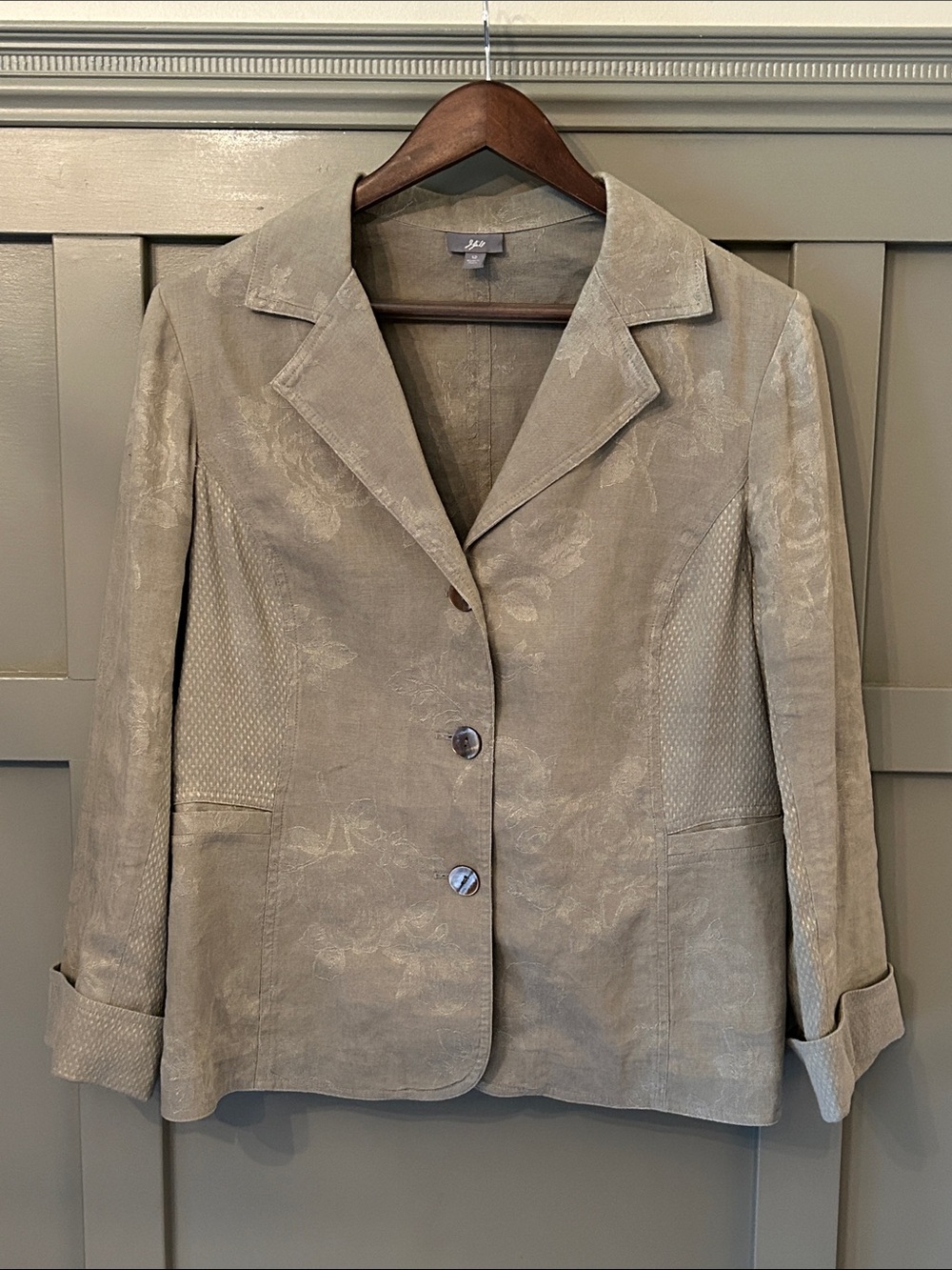 J. Jill Linen Blend Floral Jacquard Blazer Jacket Bayleaf Light Green Size 12